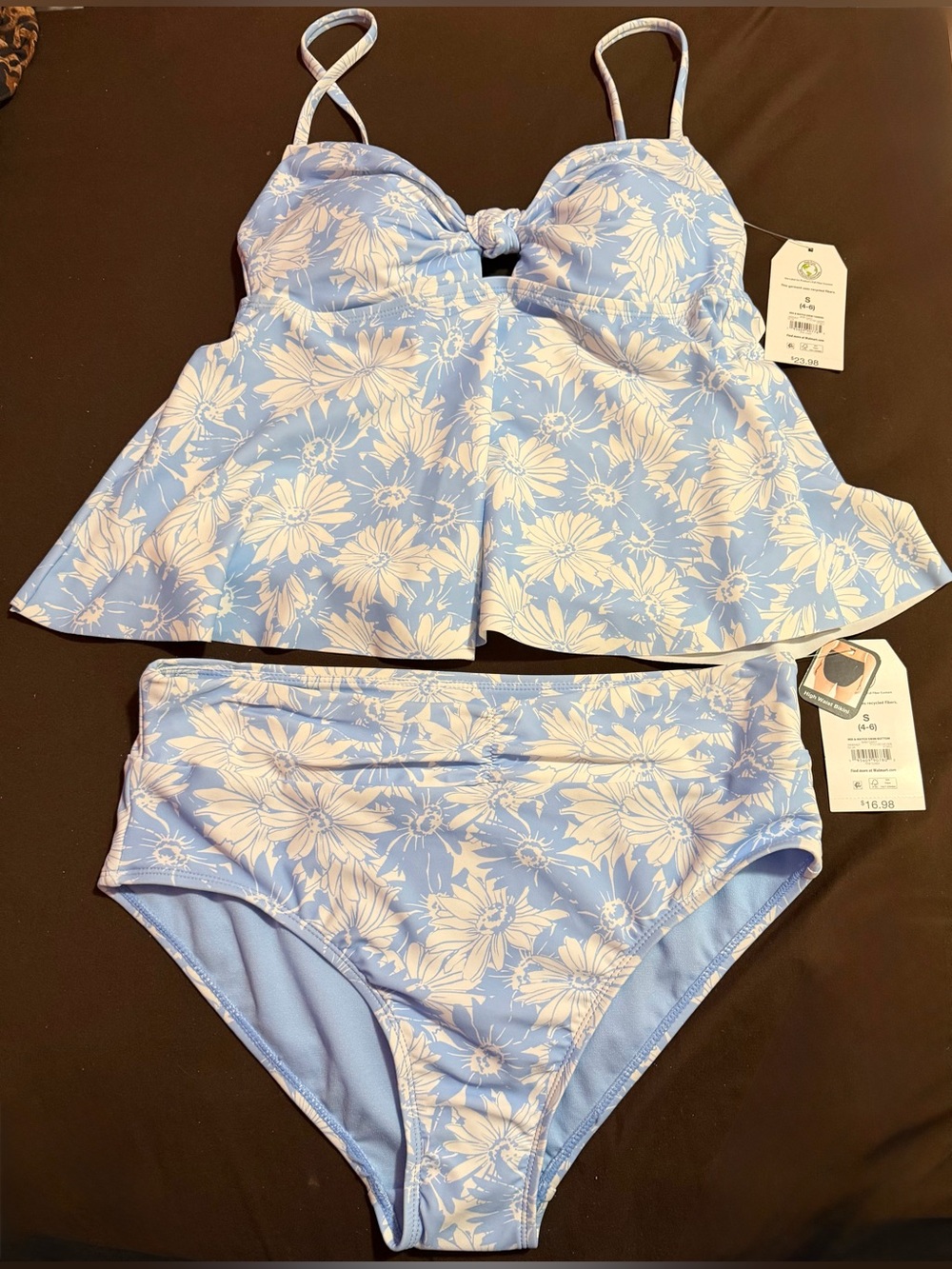 NWT. Time and Tru Light Blue and White Floral Tankini Bikini Set